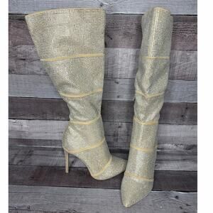Gold Rhinestone Tall Stiletto Boots Sparkle Bedazzled Crystal Women’s 6 Gift